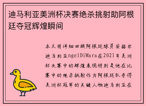 迪马利亚美洲杯决赛绝杀挑射助阿根廷夺冠辉煌瞬间